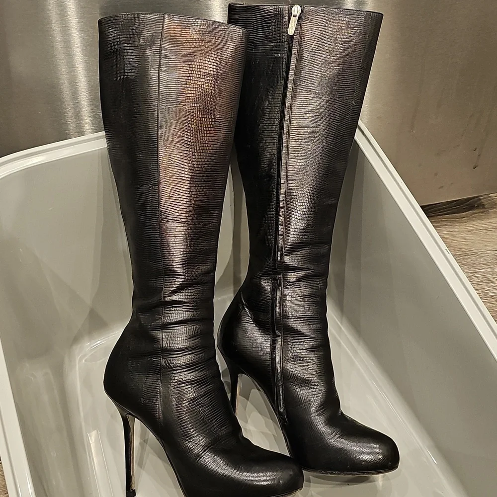 [Like New] Stunning SERGIO ROSSI Black Lizard Knee Boots Sexy (EU 37)
